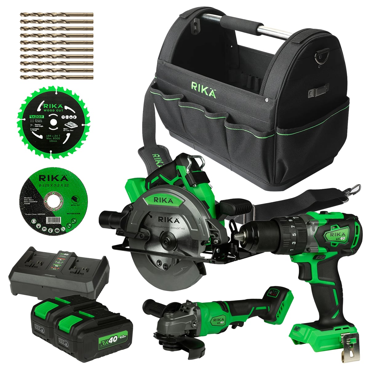 Rikä RK40 40V Advanced Essentials Kit | Drill + Grinder + Circular Saw | Brushless | 2x 4.0Ah Batteries + Tool Bag